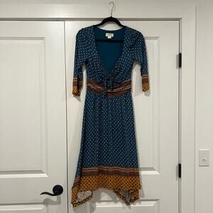 Maeve Teal Maxi Dress with Mustard and Brown Accents